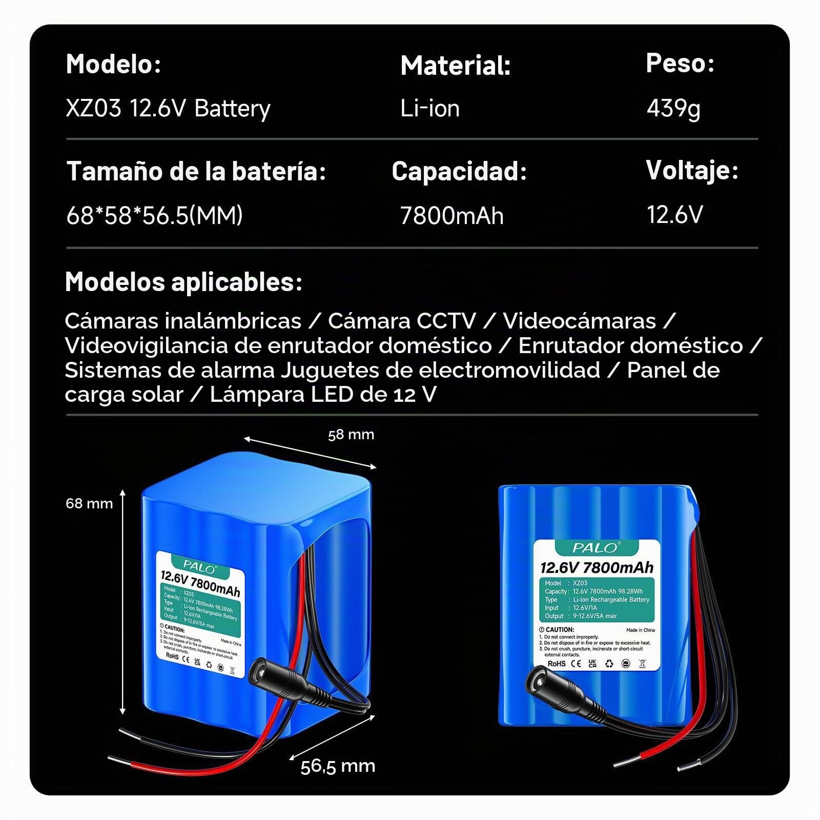 12.6V 7800mAh batería de Iones Litio con Cargador y línea de conexión y Adaptador Conector,para Panel Solar,videocámaras,videovigilancia,enrutador Inicio,Sistemas Alarma,lámpara Bricolaje