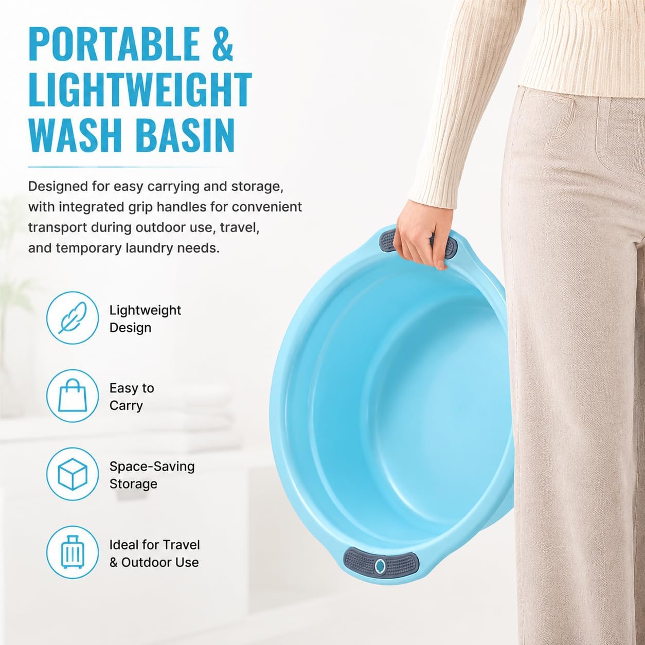 Wash Basin for Elderly Home Dormitory, Clothes Face Feet, Light Blue, Large