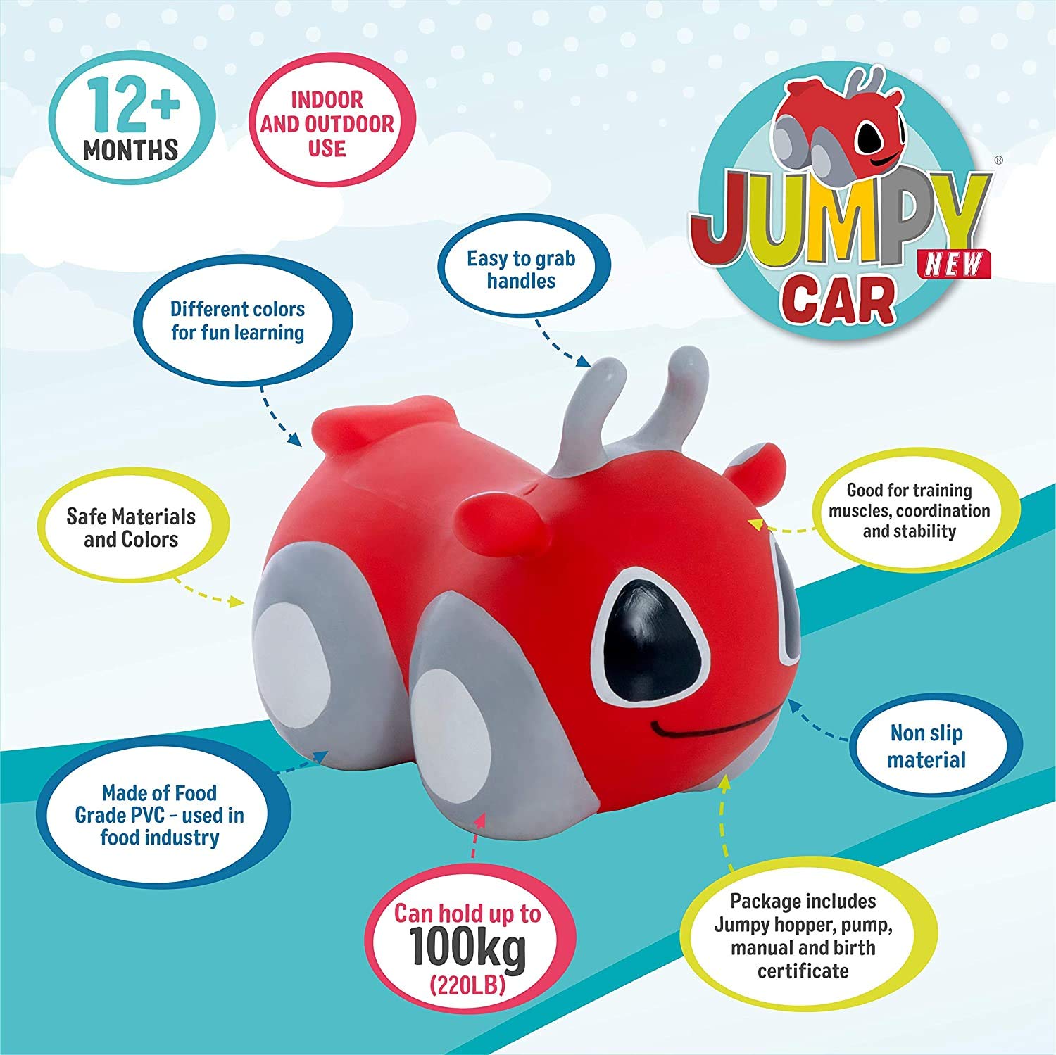 GERARDO'S Toys GT69375, My First Jumpy Car Space Hopper para niños a partir de 1 año, Bouncy Hopper Ride on, coche rojo con bomba incluida