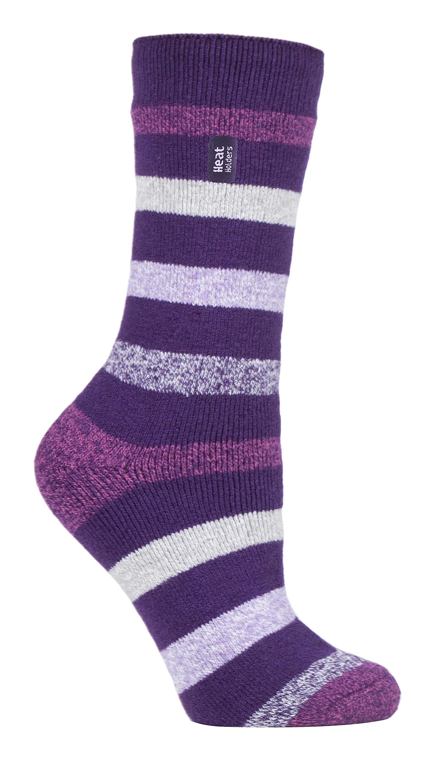 HEAT HOLDERS Lite - Womens Insulated Thermal Socks | Multiple Designs Including Argyle Stripes Hearts Stars | Warm Socks for Winter (4-7, Purple Stripe (Jasmine))