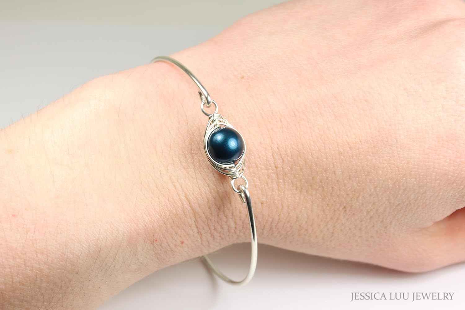 JESSICA LUU JEWELRY Tahitian Dark Blue Pearl Bangle Bracelet Sterling Silver or Gold Filled Handmade