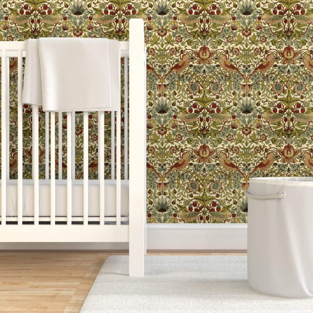 Removable Wallpaper 12ft x 2ft - Strawberry Cream Yellow Antique Victorian Inspired Birds Custom Pre-Pasted Wallpaper by Spoonflower