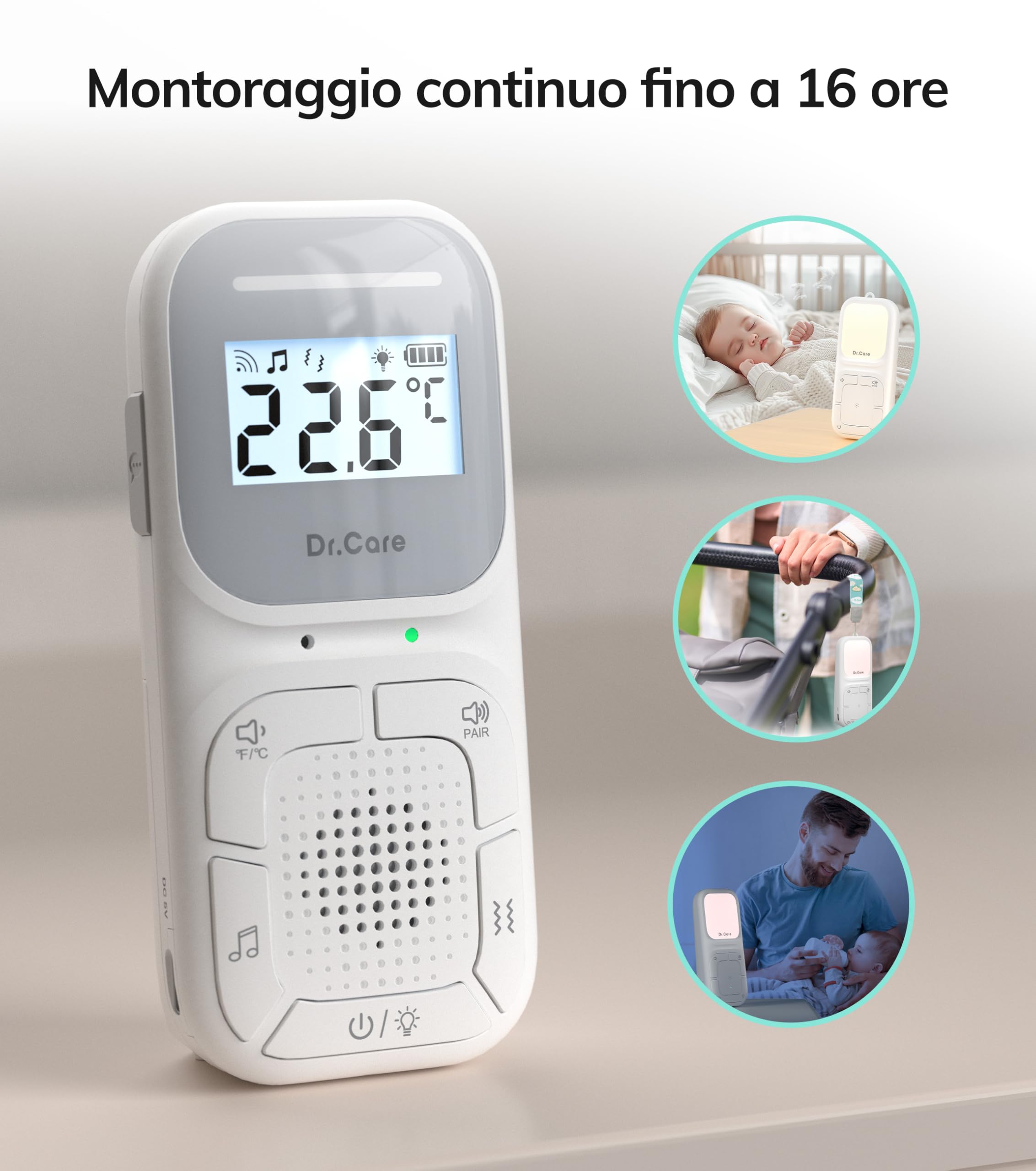 Dr.Care NeoGo Audio Baby Monitor pre-accoppiato VOX luce notturna portata 300 m