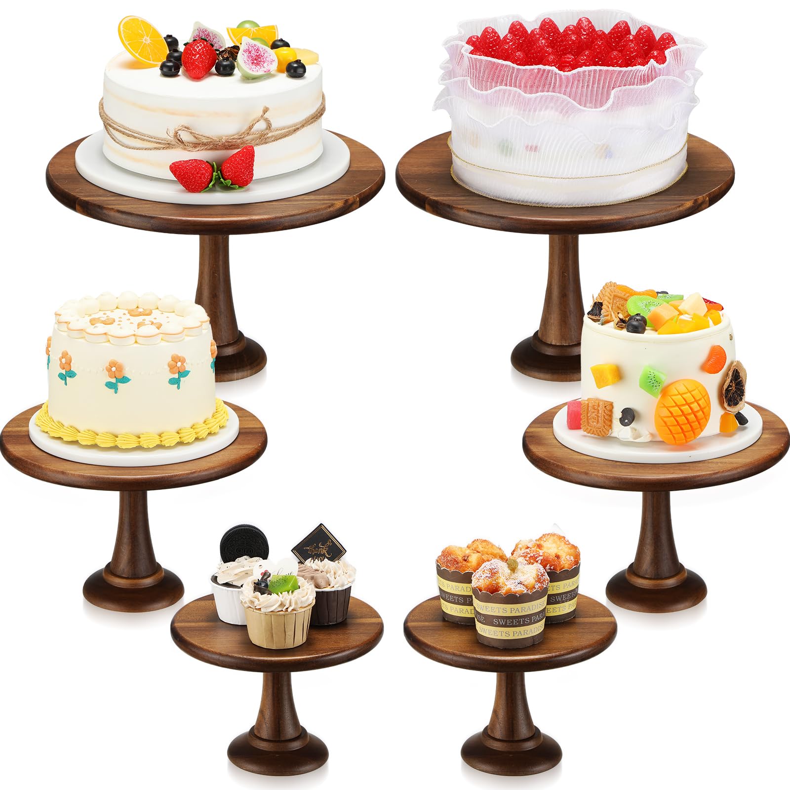 Set of 6 Rustic Cake Stand Set, 8" 10" 12" Acacia Wooden Farmhouse Cake Stands Heavy Duty Cupcake Stands, Round Dessert Table Display Set for Wedding Baby Shower Birthday Party Christmas Celebration