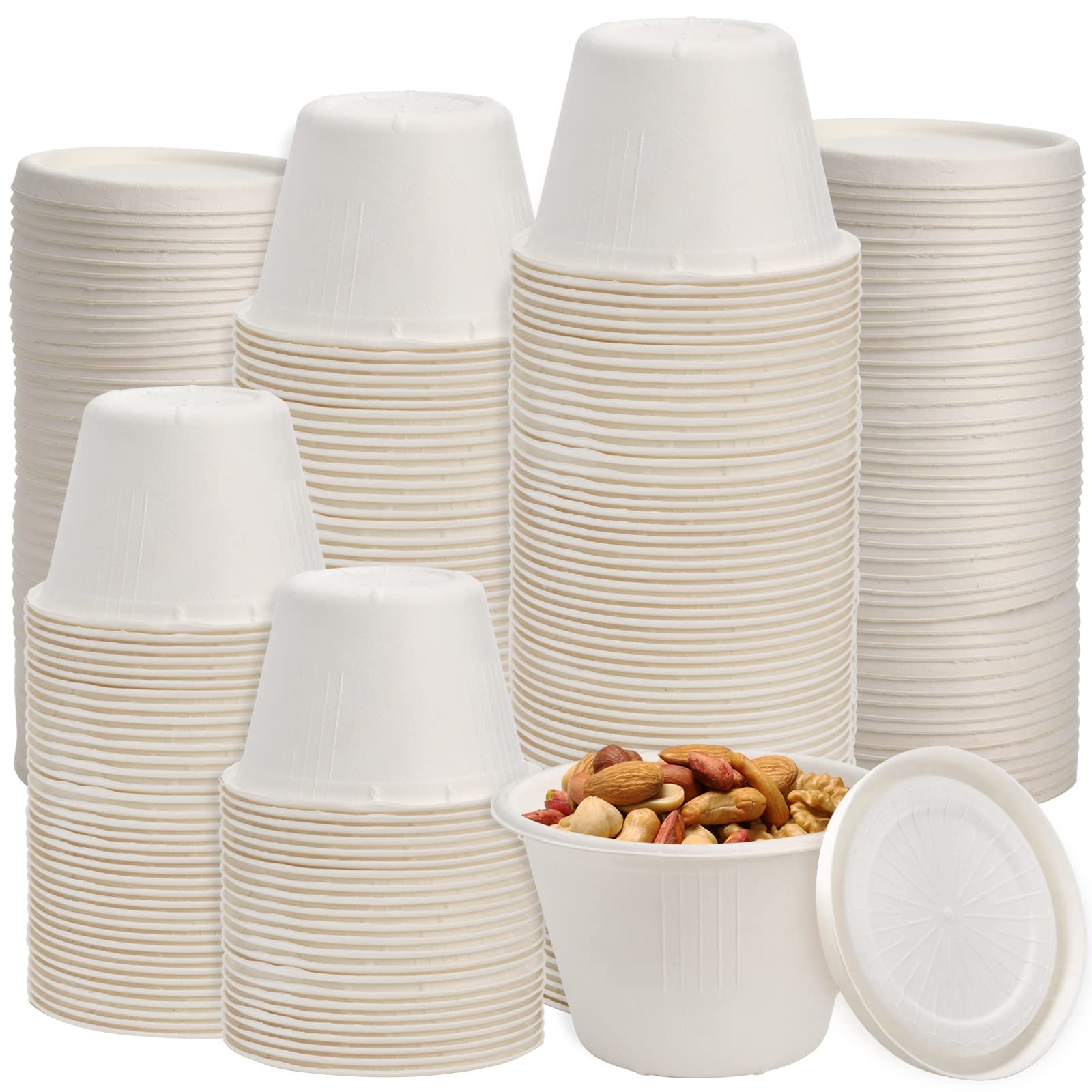 SOUJOY 100 Pack Disposable Cups with Lids, 4.5Oz Bagasse Compostable Ice Cream Cup, Small Condiment Portion Sample Container for Sauce Salad Dressing