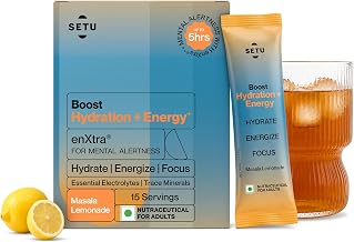 Setu Boost Hydration + Energy Electrolyte Powder Sachets with No Caffeine | Enriched with enXtra® | Masala Lemonade Flavor | 15 Sachets