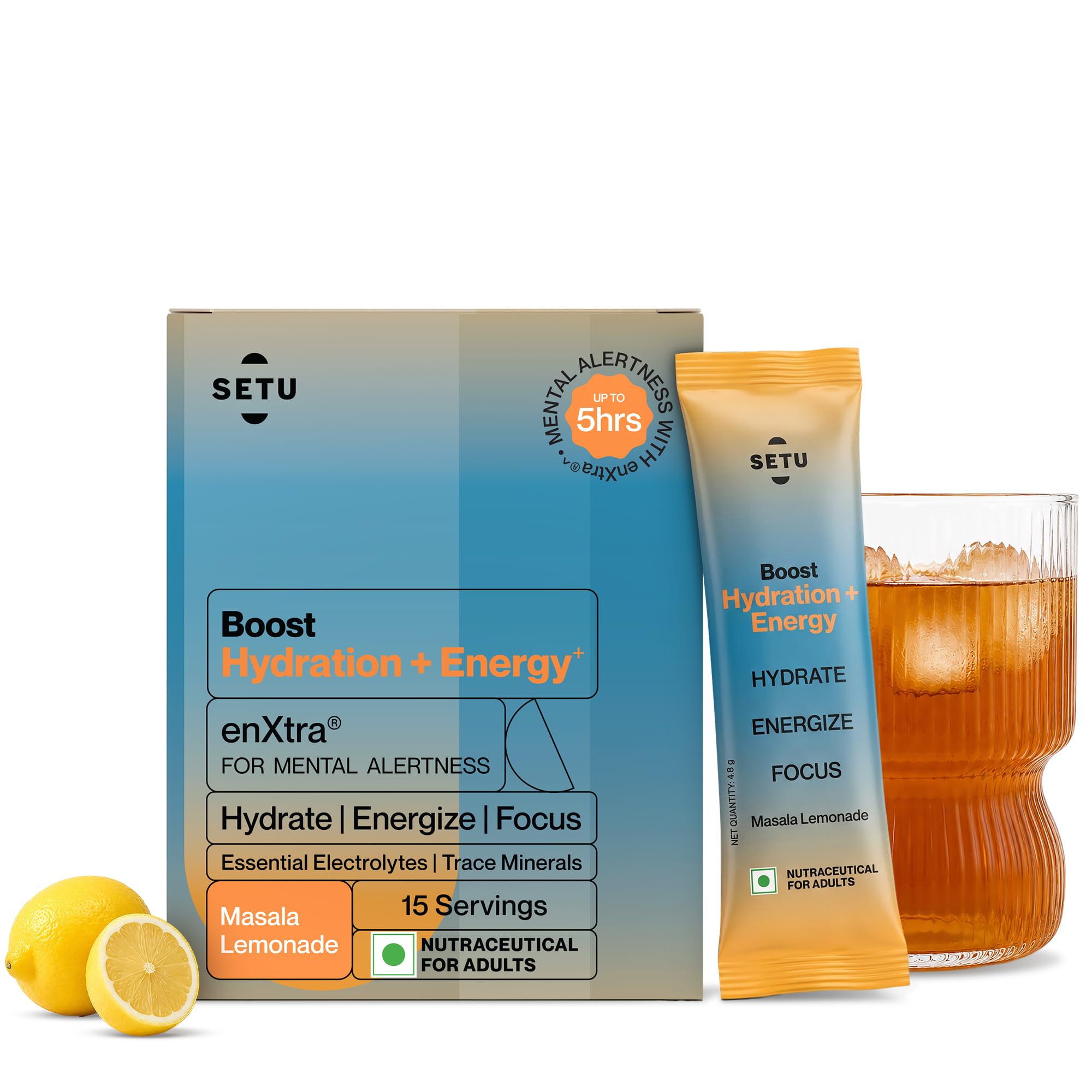 Setu Boost Hydration + Energy Electrolyte Powder Sachets with No Caffeine | Enriched with enXtra® | Masala Lemonade Flavor | 15 Sachets-image-38