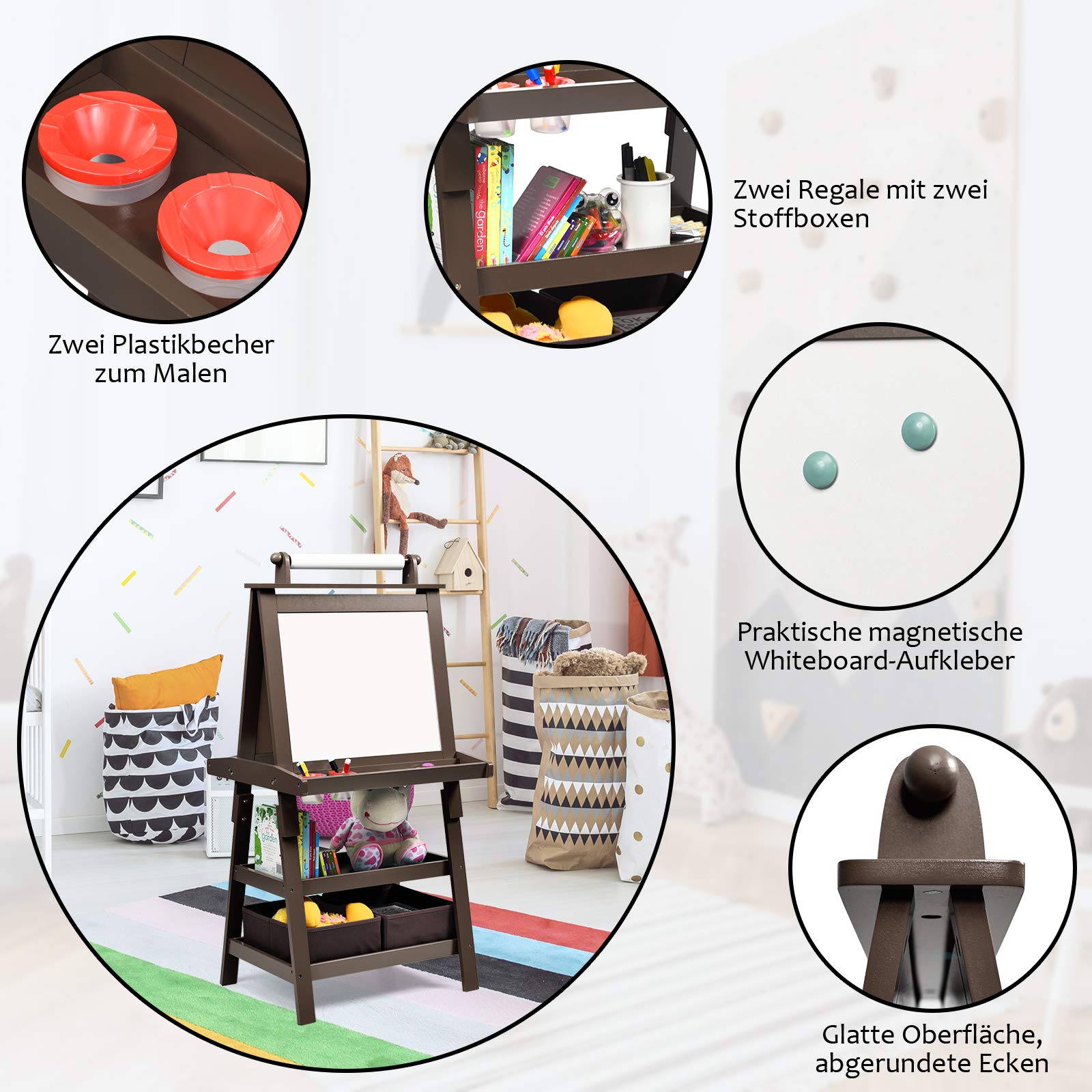 GOPLUS 3 in 1 Standtafel für Kinder, Magnetisches Whiteboard & Kreidetafel, Doppelseitiger Staffelei mit Aufbewahrungsbox, Maltafel, Schreibtafel, Kindertafel ink. Malpapier und Magneten (Braun)