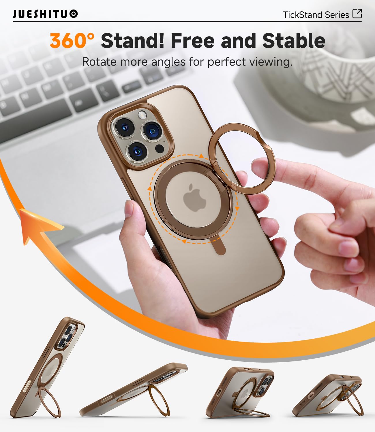 JUESHITUO Supporto Magico 360° Cover per iPhone 16 Pro con Magsafe [Protezione Militare] [Supporto Invisibile] Resistente Agli Urti e Graffi Ultra-sottile Ultra Sottile Custodia, Oro del Deserto