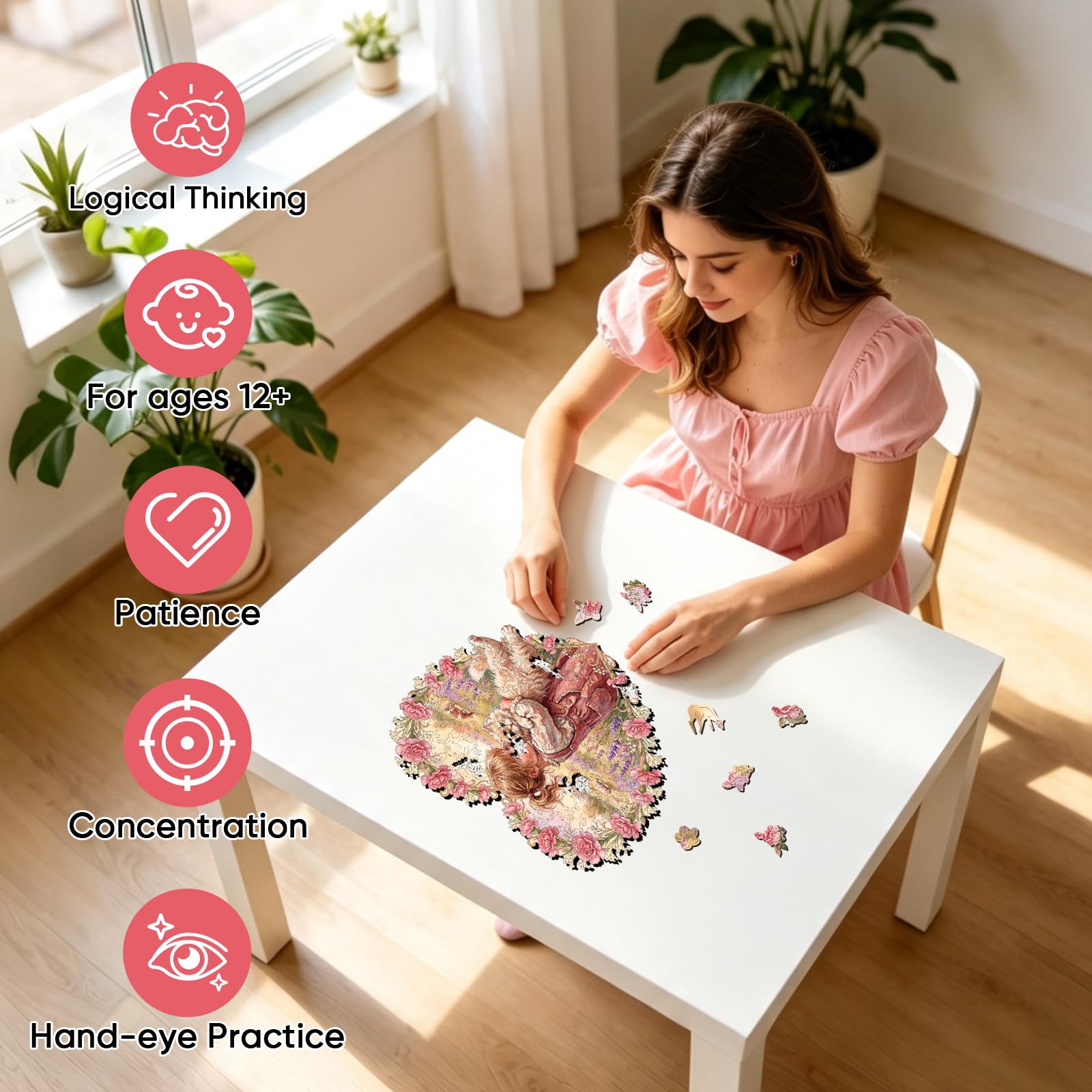 Ruikiyart Casse-tête en bois de 200 pièces en forme de cœur pour adultes, puzzle stimulant fille et chat avec pièces irrégulières uniques, parfait pour une soirée de jeu en famille, un anniversaire