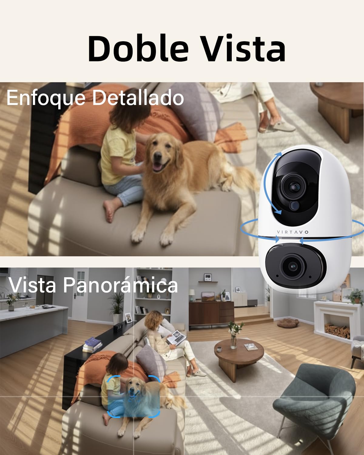 VIRTAVO Cámara Vigilancia Interior 1080P Doble Lente, Visión Nocturna Color Total y Seguimiento IA 360° | Audio Bidireccional, Alertas Móviles | para Bebé, Mascota y Hogar | WiFi 2.4GHz, SD/Nube