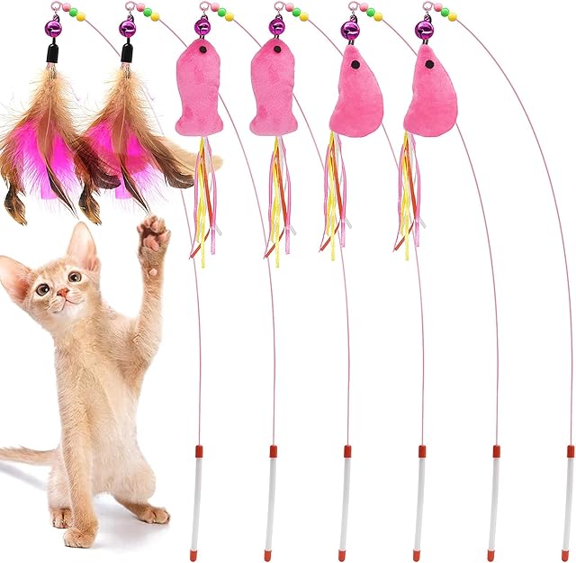 Aidiyapet Feather Teaser Cat Toy,Interactive Feather Wand Cat Toy Flying Feather Cat Catcher with Extra Long 34.5" Wand and Small Bell,Cat Toys for Indoor Cats Kitten Interactive Training(6 Pack)