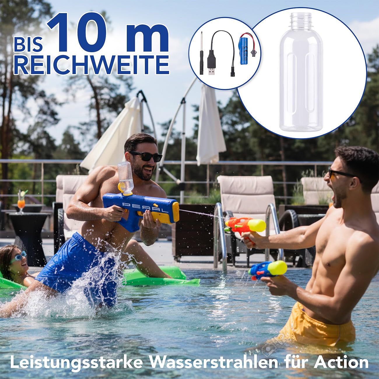 PEARL Wasserpistole für Kinder: 4er-Set Elektrische Wasserpistolen mit Tankaufsatz, bis 10 m, 650 ml (Akku Wasserpistole, mit Tank, Super Soaker)