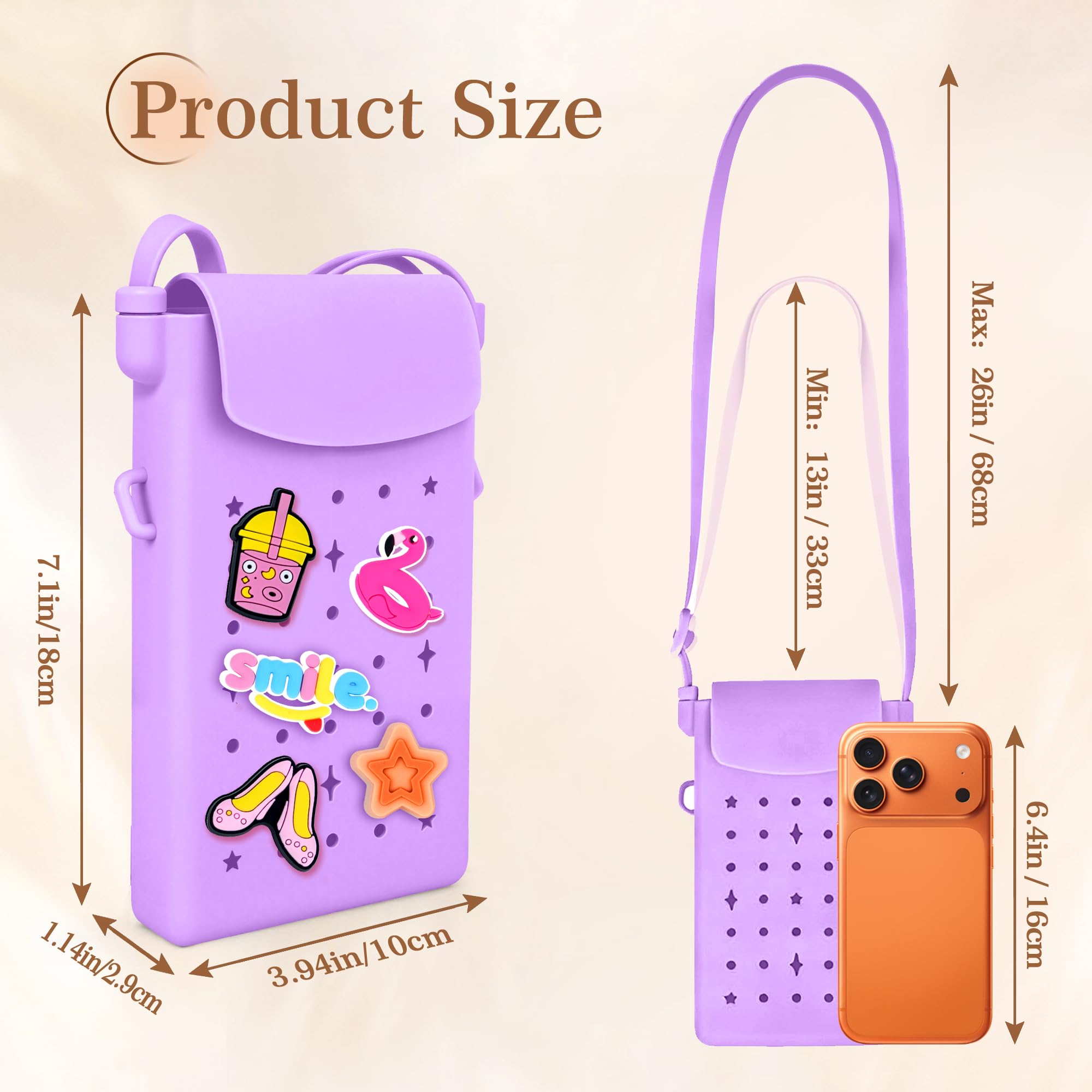 Sac à bandoulière en Silicone pour Femmes et Filles, Petit Sac à Main pour téléphone avec bandoulière réglable, Fermeture magnétique, avec 15 Breloques de Noël, Cadeaux de Noël, Violet