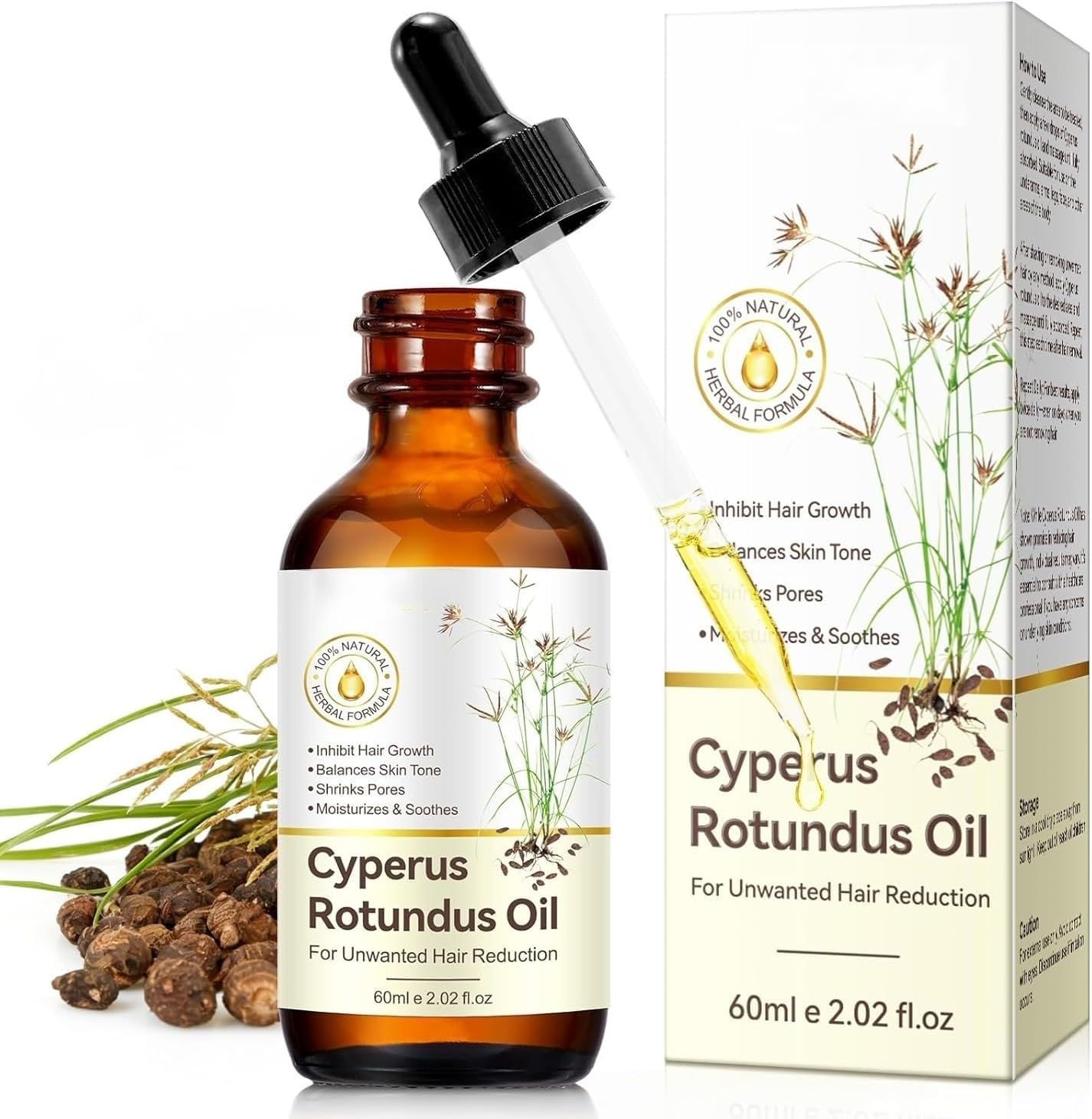 Cyperus Rotundus Oil, Cyprus Rotundus Oil for Hair Removal, Soothing & Brightening, Suitable for Face, Arms, Bikini Line - For Men & Women (2 Fl Oz) (1)