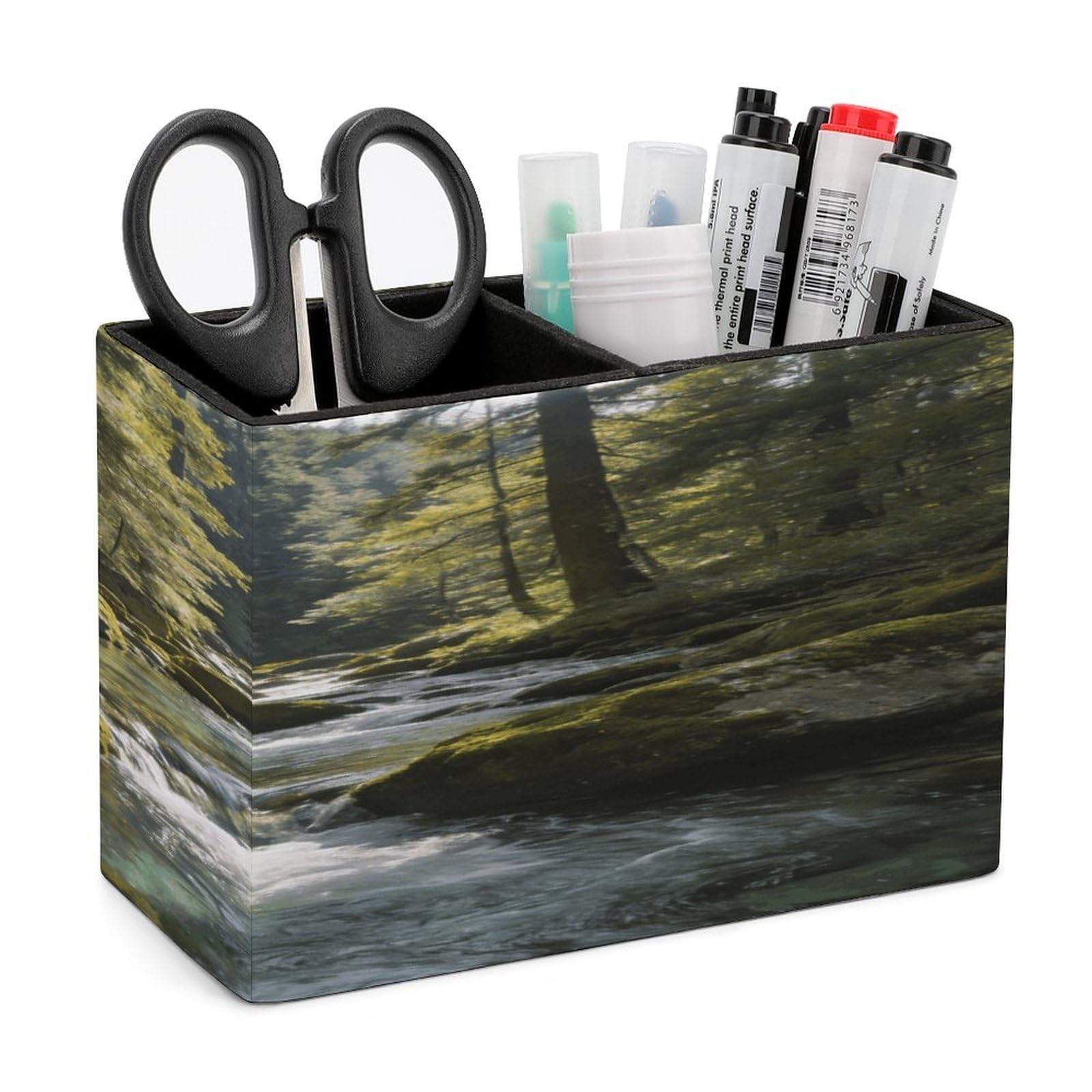 LZQPOEAS Green Valley Stream Waterfall Pen Holder Double Compartments Pen Cup Makeup Brush Holders Leather Pencil Holder Locker Organizer for Work Locker Accessories Modern Pencil Cup for Desk