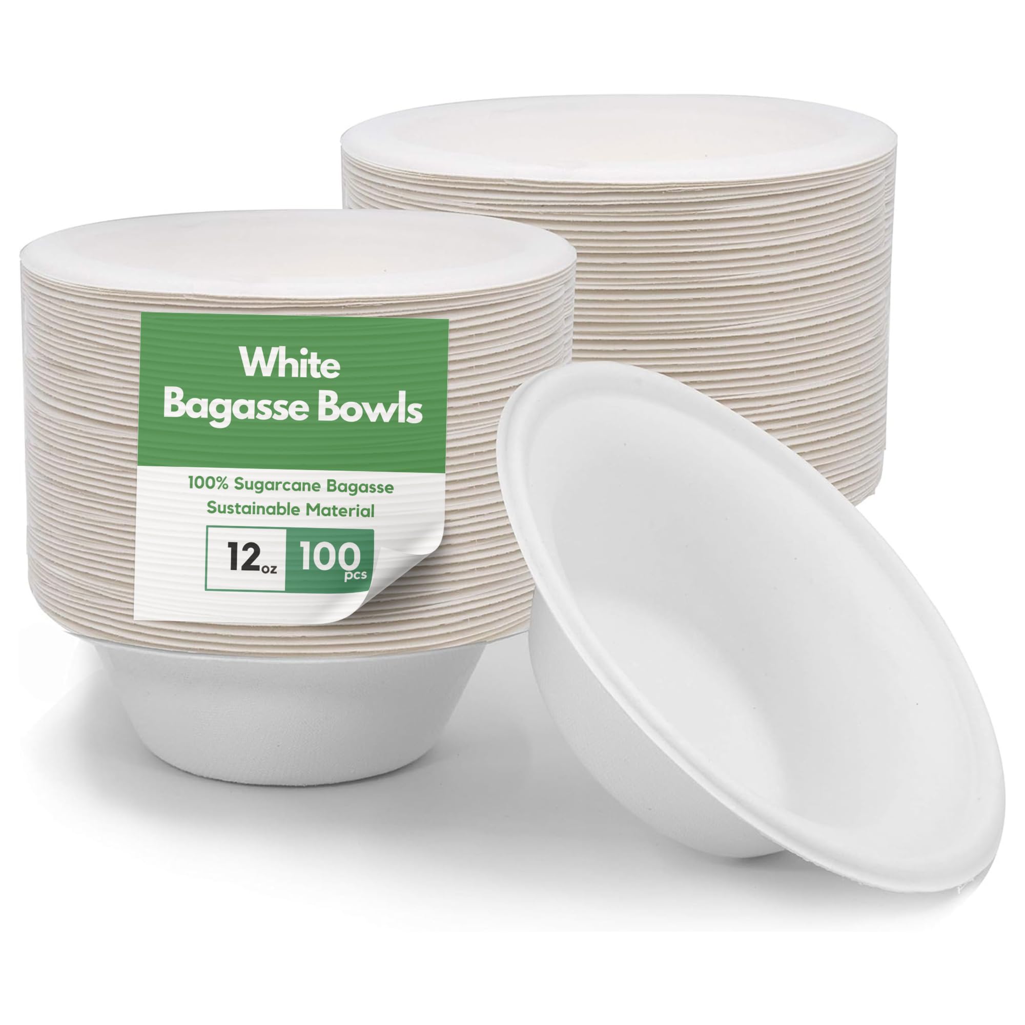 Caterco White Bagasse Sugarcane 12Oz / 340Ml Bowls - Strong, Disposable, Biodegradable, Compostable Eco-Friendly Paper Bowl For Soup, Salad, Dessert, Party, Bbq - 12Oz Bowls - 100 Pack