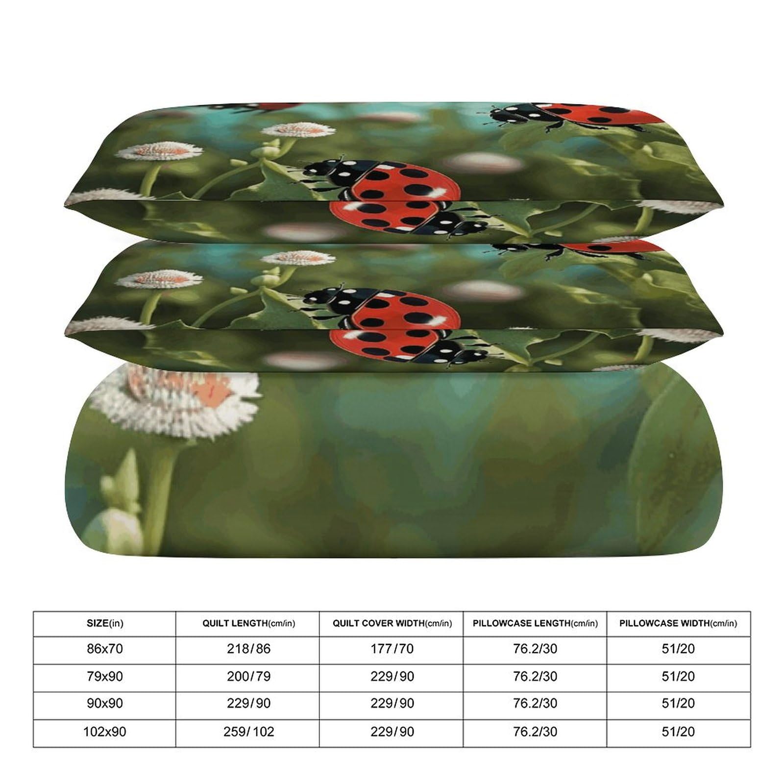 Set di biancheria da letto 3 pezzi, ultra morbido, con copriletto con paesaggio coccinella + 2 federe, leggero copripiumino double-face per casa/hotel/regali, 259 x 228,6 cm