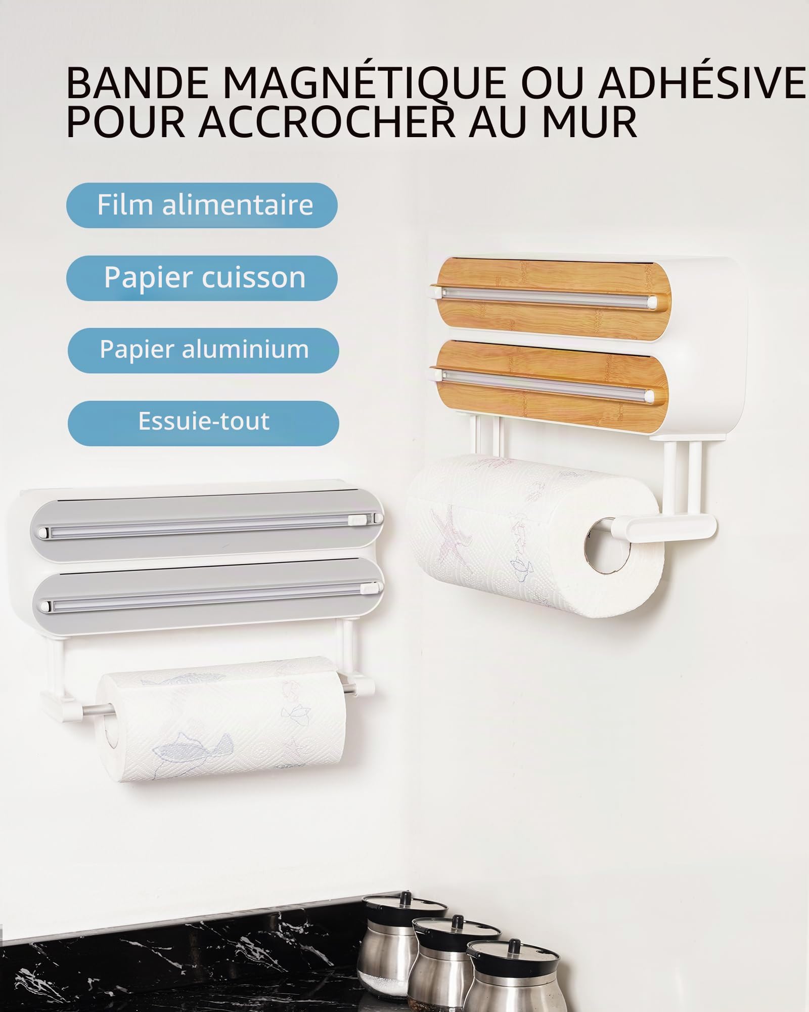 3 in 1 Derouleur Film Alimentaire avec Porte Sopalin Cuisine, Distributeur Film Alimentaire, Magnétique Distributeur Papier Aluminium et Film avec Coupeur (Couleur Bambou et Bois)