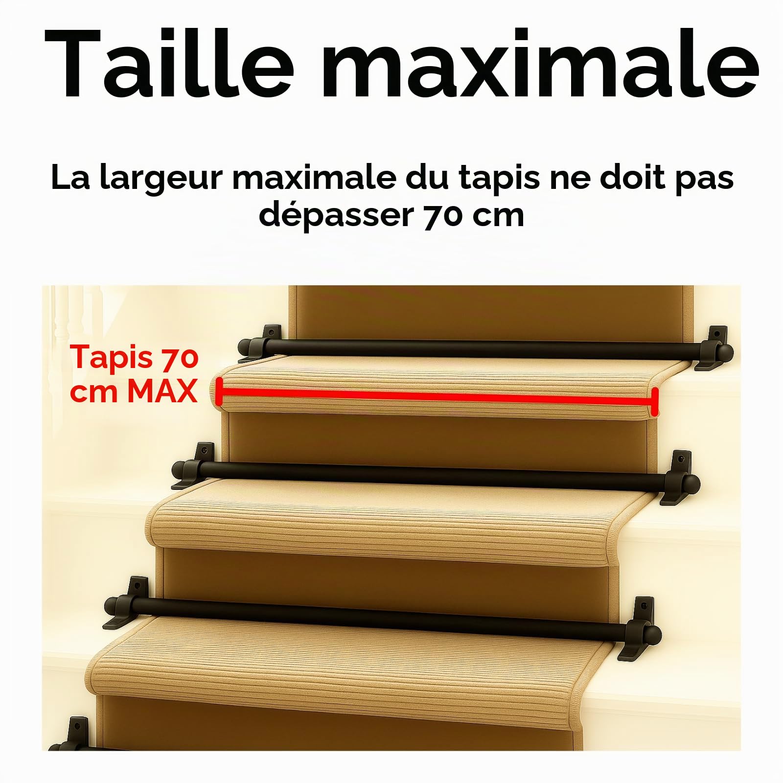 Lot de 13 tiges d'escalier décoratives en métal noir avec embouts ronds et vis pour tapis jusqu'à 70 cm, faciles à couper et à installer