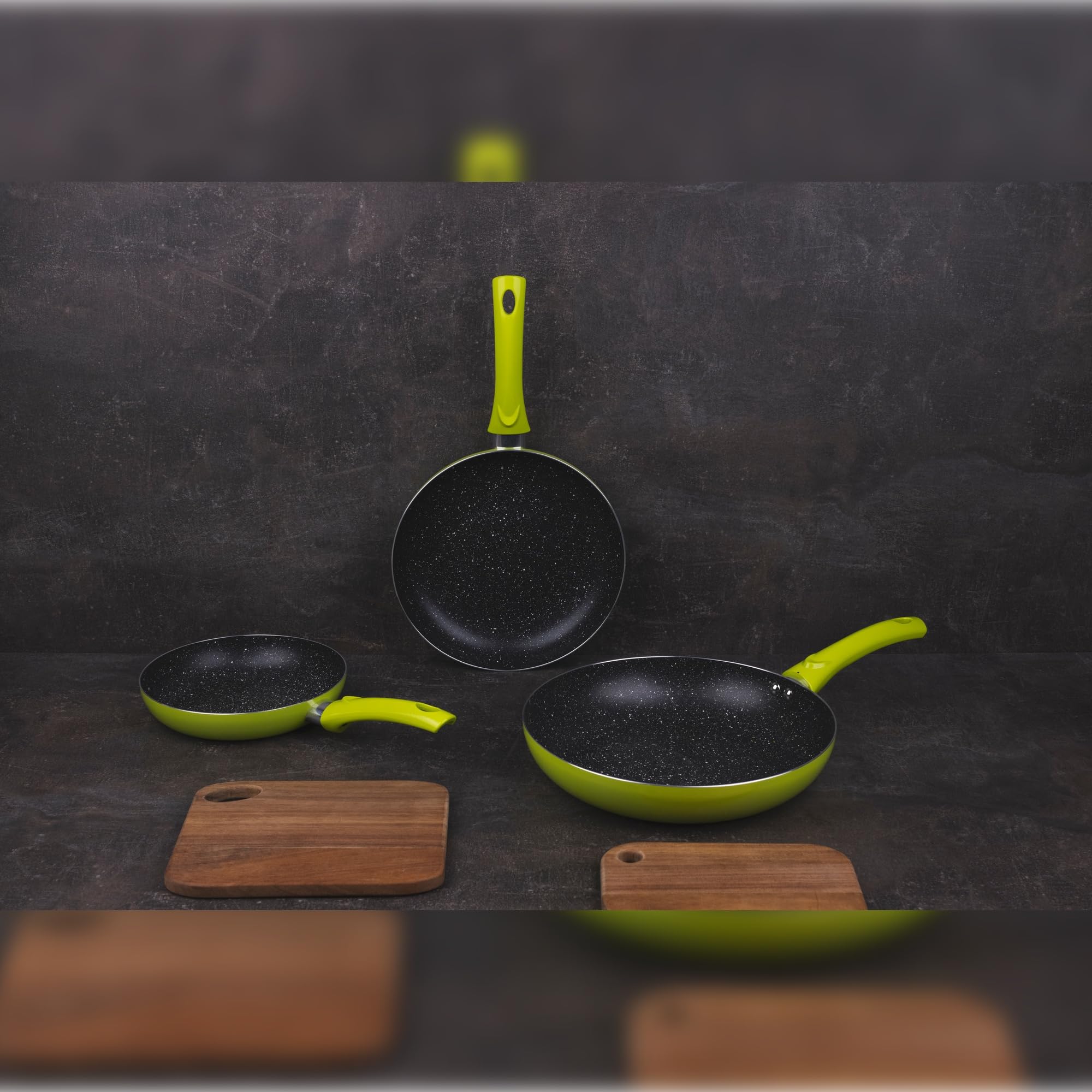 San Ignacio Set 3pc sarten (20+24+28cm) aluminium pressé vert avec Set 3pc ustensiles de cuisine silicone bois