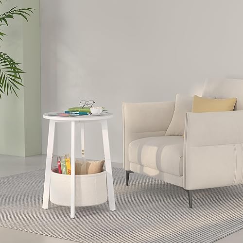 Miniatura 5 de Mesa auxiliar pequeña redonda con cesta de almacenamiento de tela, mesa de centro redonda con marco de metal para sofás de cama, mesas de café