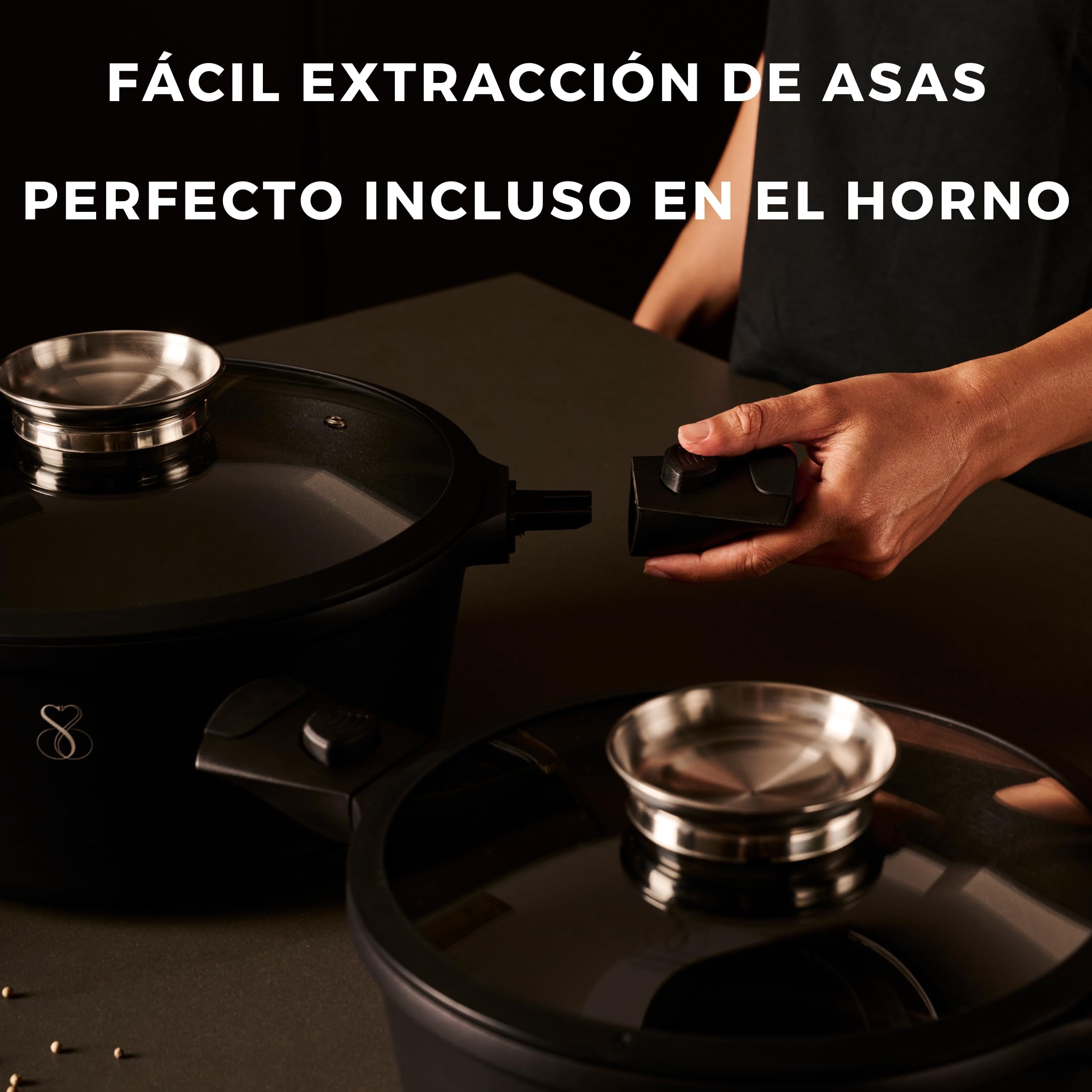 Cazo Cacerola mango ergonómico extraíble Apto Inducción acero & aluminio antiadherente Alemán Greblon C3+ inducción y horno Libre de PFOA + tapa de cristal (24CM)