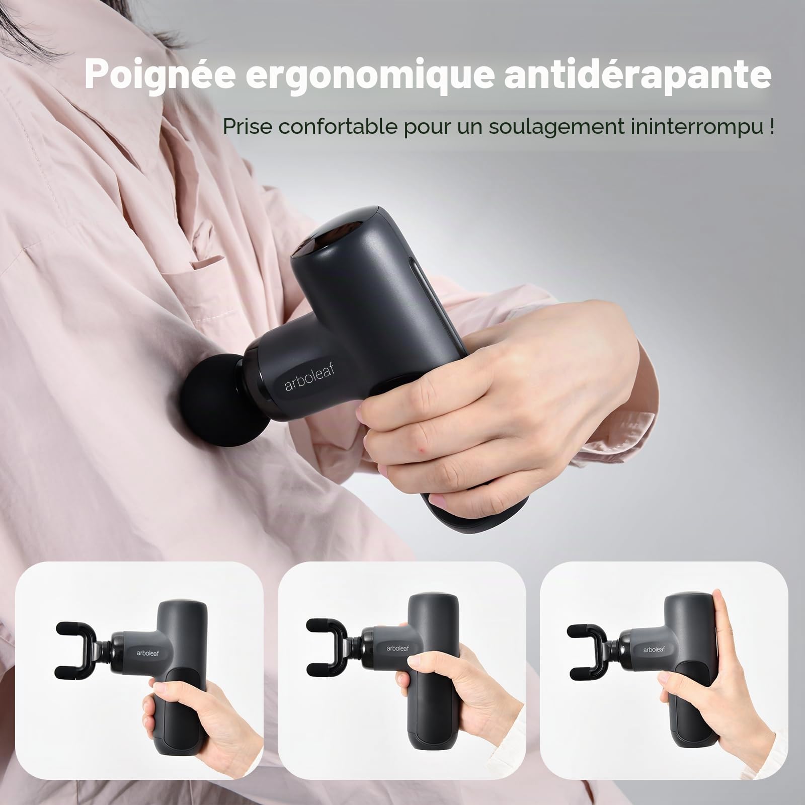 arboleaf Pistolet de Massage Mini, 0,39 kg 5 Vitesses et 4 Têtes de Massage | Pistolet Musculaire, 3200 rpm, Moteur Silencieux, Charge de Type C, pour la Maison, le Fitness et les Voyages