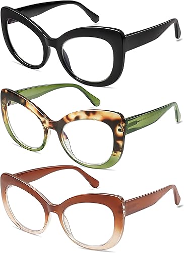 Miniatura 2 de AMOMOMA Paquete de 3 elegantes anteojos de lectura de ojo de gato de gran tamaño para mujeres, lectores de moda, anteojos cuadrados de luz azul para