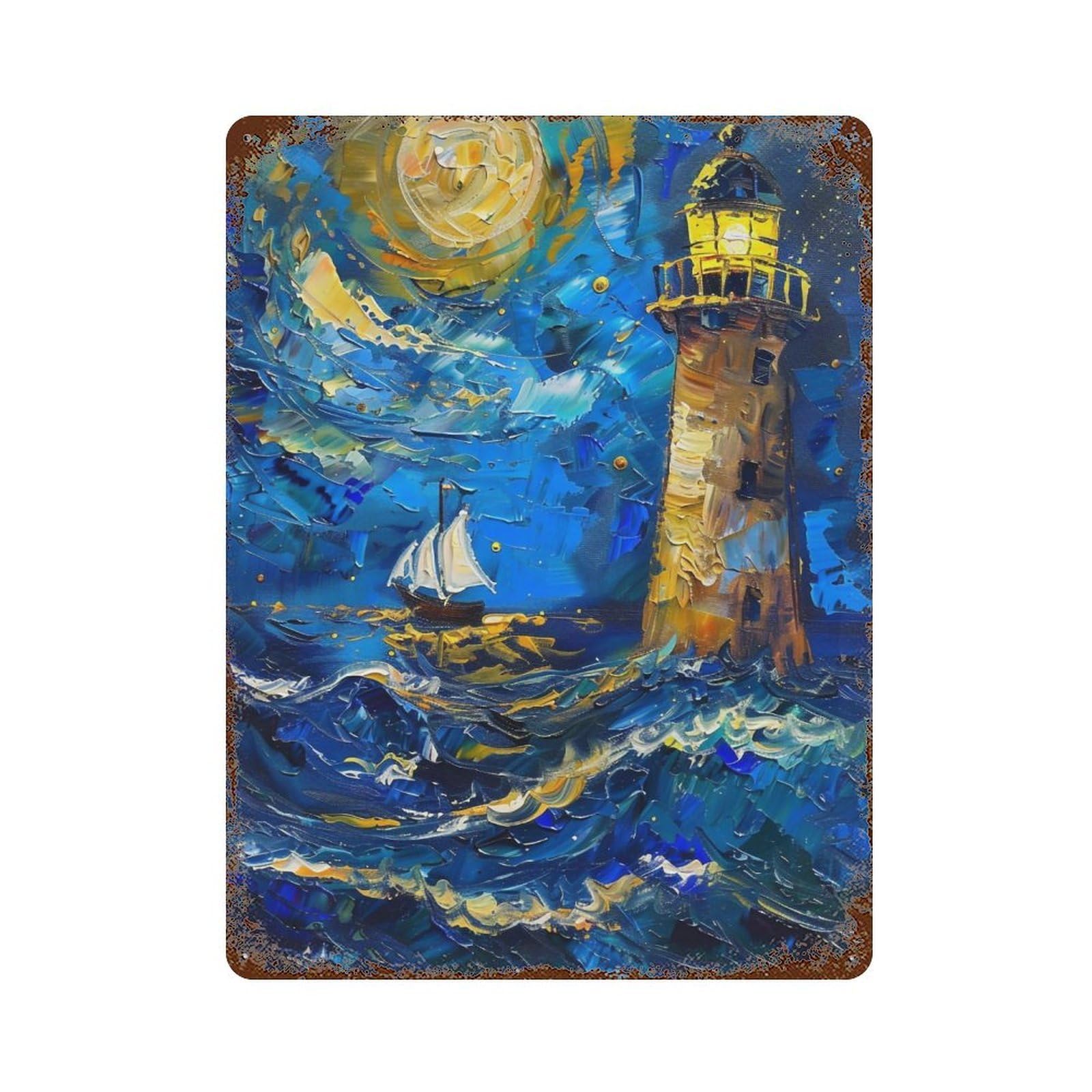 FHUYEURHRY Starry Night Style Lighthouse Ocean 01 Wall Decor Retro Iron Vintage Art Metal Tin Sign Poster Modern Home Cofffee Club Art Bar Shop Decorations Style-24 40x30cm