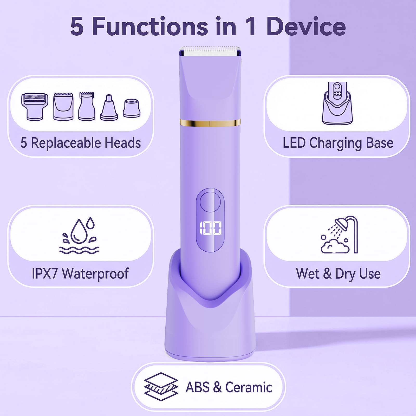 5-in-1 Elektrorasierer für Damen, Intimtrimmer, Bikini-Trimmer, Damenrasierer für Gesicht, Beine, Achseln und Schambereich, wasserdicht (Lila)