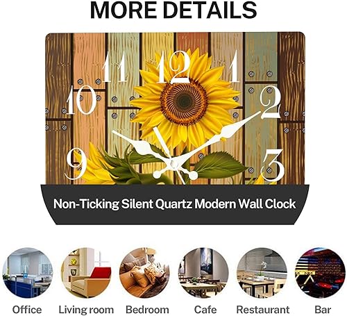Miniatura 5 de ArtSocket Reloj de pared de madera con hojas de girasol, silencioso, sin tictac, flores florales, para verano, vintage, cuadrado, rústico,