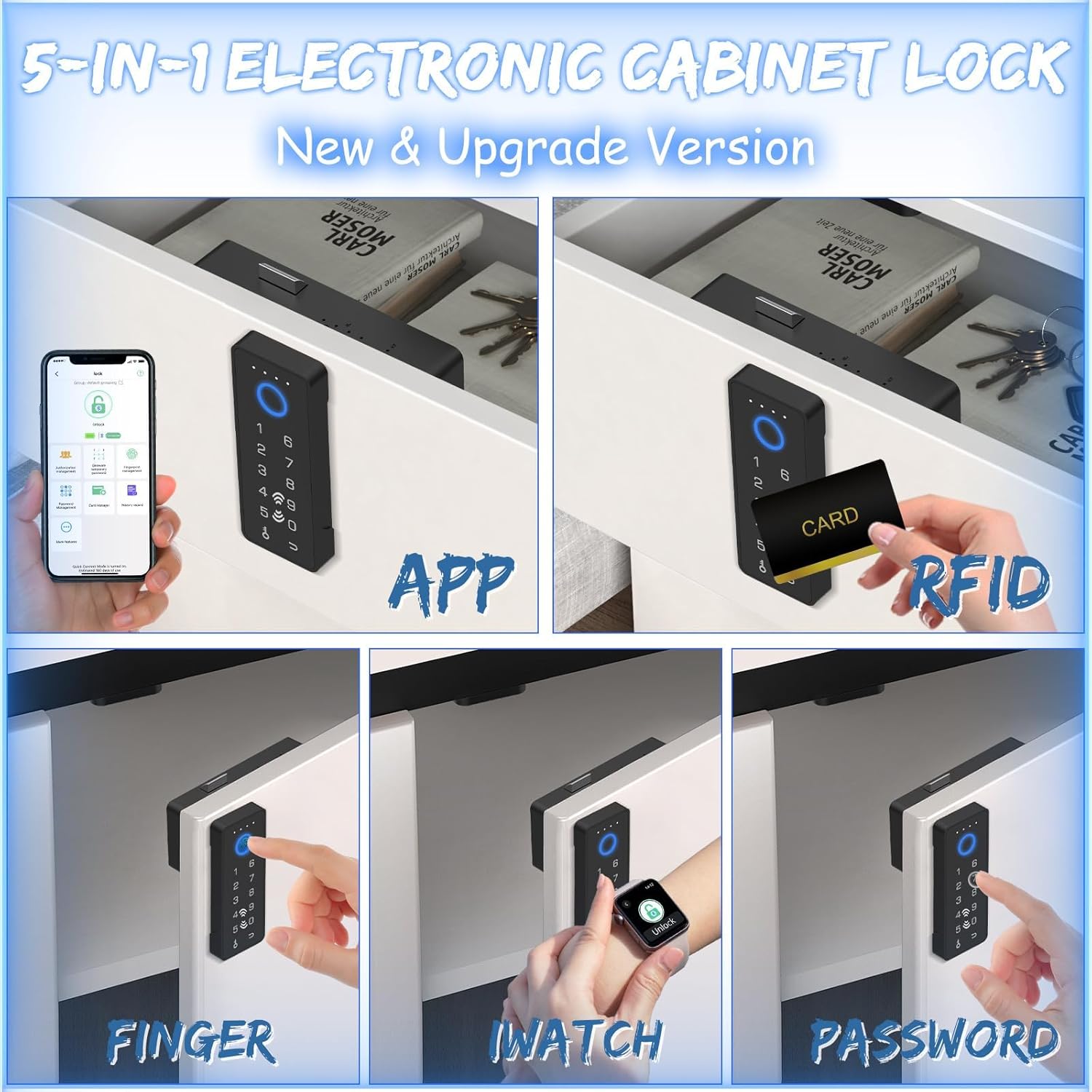 RFID Smart Fingerprint Lock - Cabinet Drawer Lock with Key Cards, Digital Electronic Biometric Bluetooth Child Safety Cabinet Code Lock Liquor File Desk Cupboard Kitchen Liquor Drawer Black Vertical