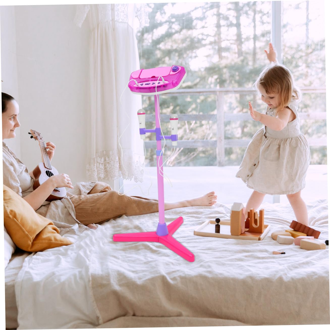 Micrófono de Juguete Rosa para Niños Función Interactiva y Reproducción Mp3, Diseño Doble Soporte Ajustable para Juego Educativo y Cantar
