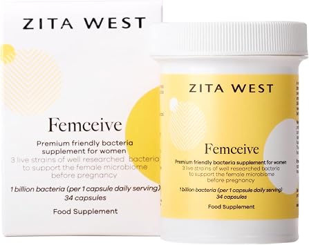 Zita West Femceive Friendly Bacteria Supplement for Women - Pre-Conception Daily Support, 1 Billion CFU, 3 Lactobacillus Strains, Vegan Capsules - 34 Day Sup