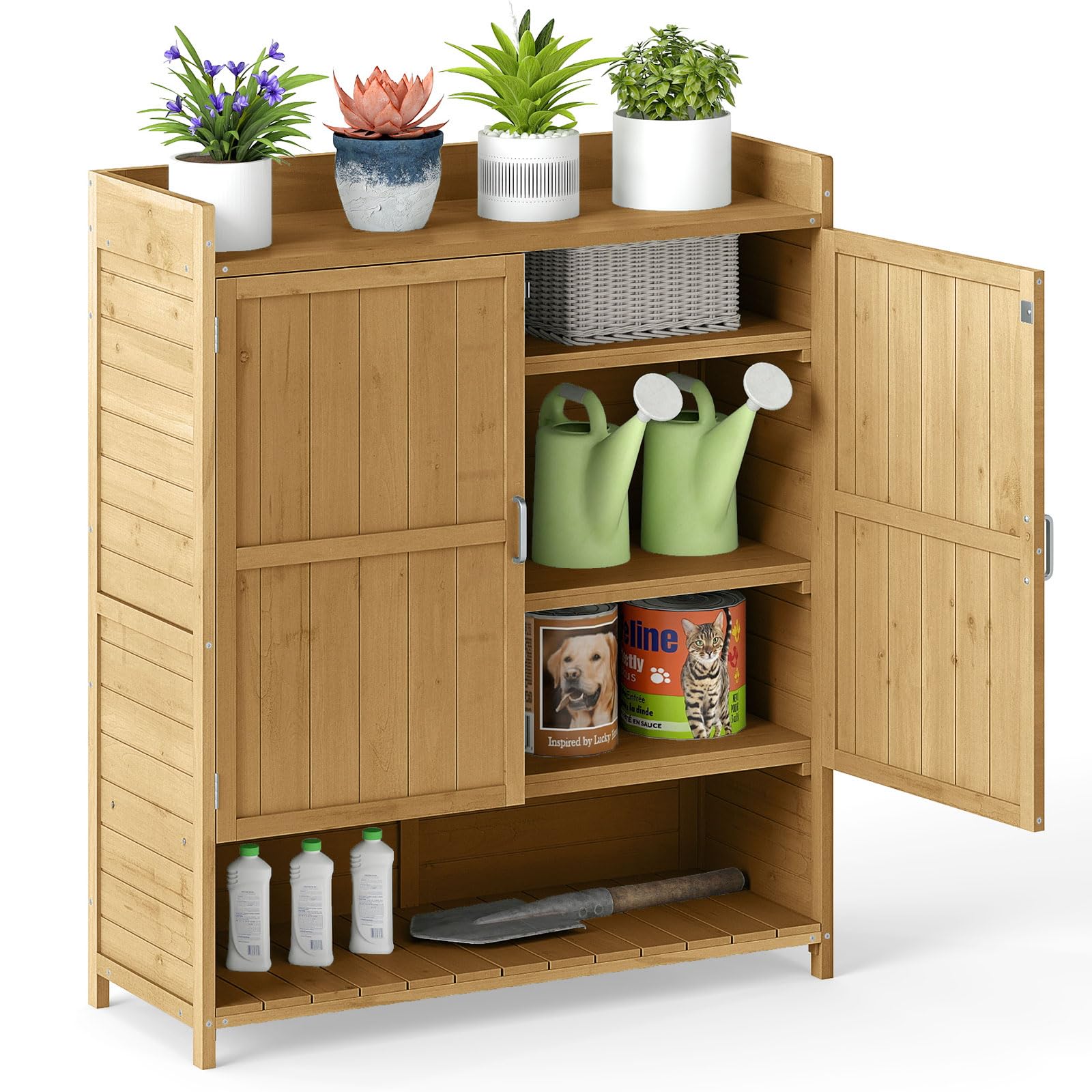COSTWAY Wooden Garden Shed, Outdoor Tool Storage Shed with Removable Shelves, Bottom Shelf and 2 Doors, Potting Bench Storage Cabinet for Patio Lawn, 100 x 38 x 118cm (Natural)