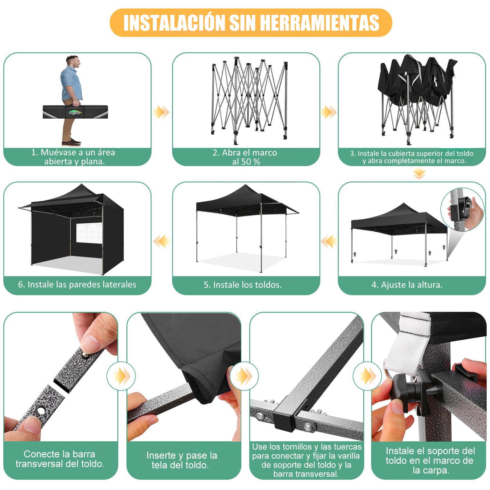 COBIZI Gazebo 3x3 Pieghevole con Parasole e Pannelli Laterali,Nero | Impermeabile UV50+ Gazebo Esterno Resistente 3x3 Tendone da Esterno Tenda per Giardino Auto Campeggio Spiaggia Fiere
