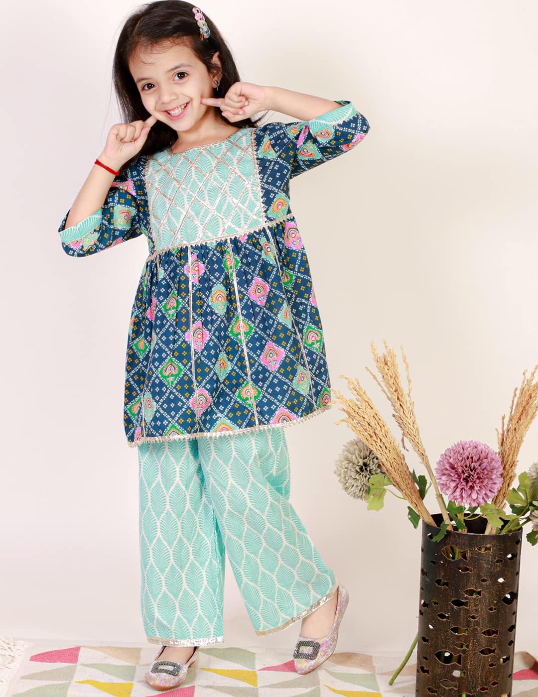 Superminis Baby Girls Cotton Printed Kurti with Gota Work and Straight Palazzo