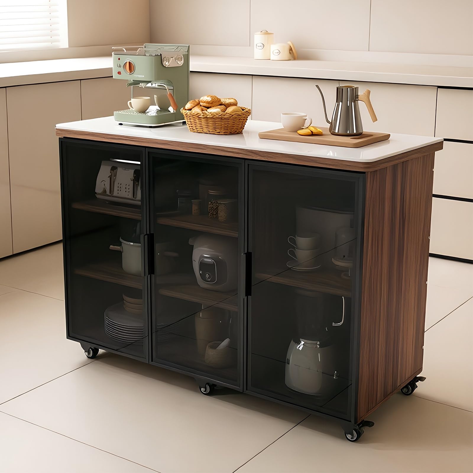 Zf9tBw5sH Unità cucina ad isola Isola cucina con ruote ante, ripiani portaoggetti, serratura e piano di lavoro