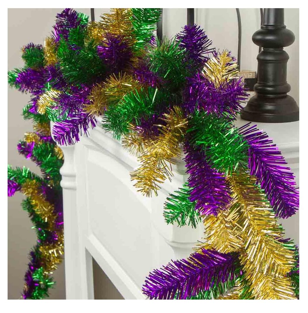 Factory Direct Craft Mardi Gras Metallic Tinsel Mantel Garland Runner - Festive Decor for Fat Tuesday and Carnival Parties (9 Feet Long)
