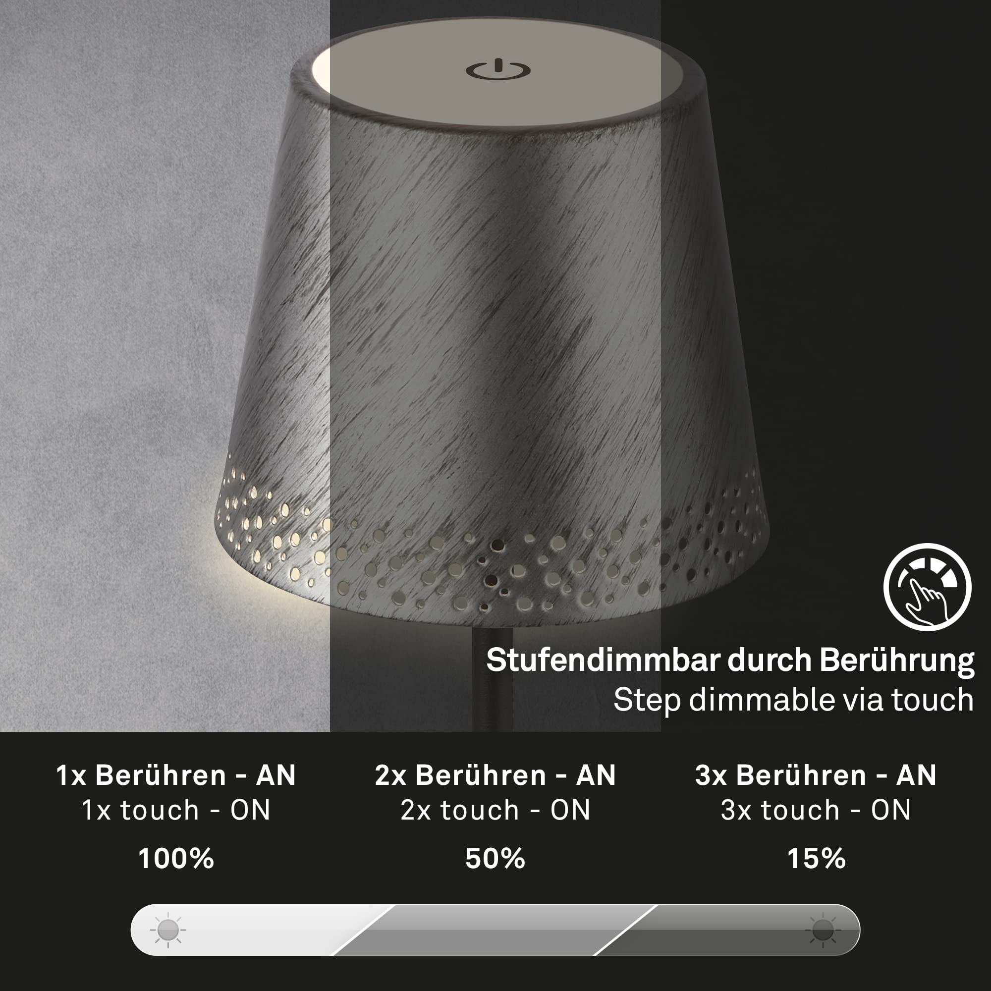 Briloner - Batería LED Lámpara de Sobremesa 2 en 1, Regulación continua, Táctil, Luz Móvil, LED Lámpara de Sobremesa Exterior, LED Lámpara de Sobremesa Inalámbrica, Plata Antiguo