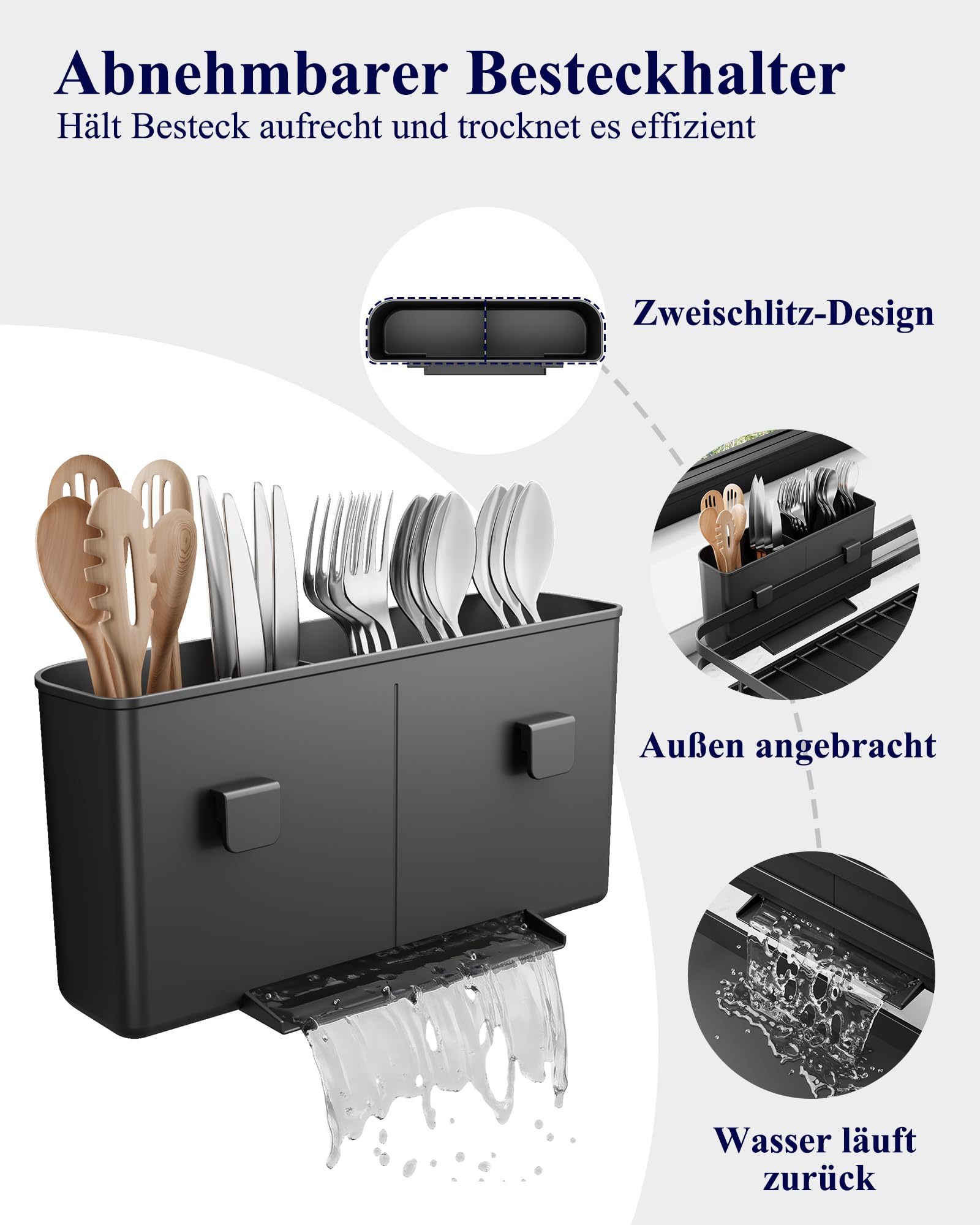 Kitsure Abtropfgestell Geschirr Geschirrgestell für die Küchentheke mit Besteckhalter, rostfreie Aufbewahrungslösung, Abtropfgestell mit drehbarem Halter, 46,5 cm x 30,5 cm x 14,0 cm, Schwarz