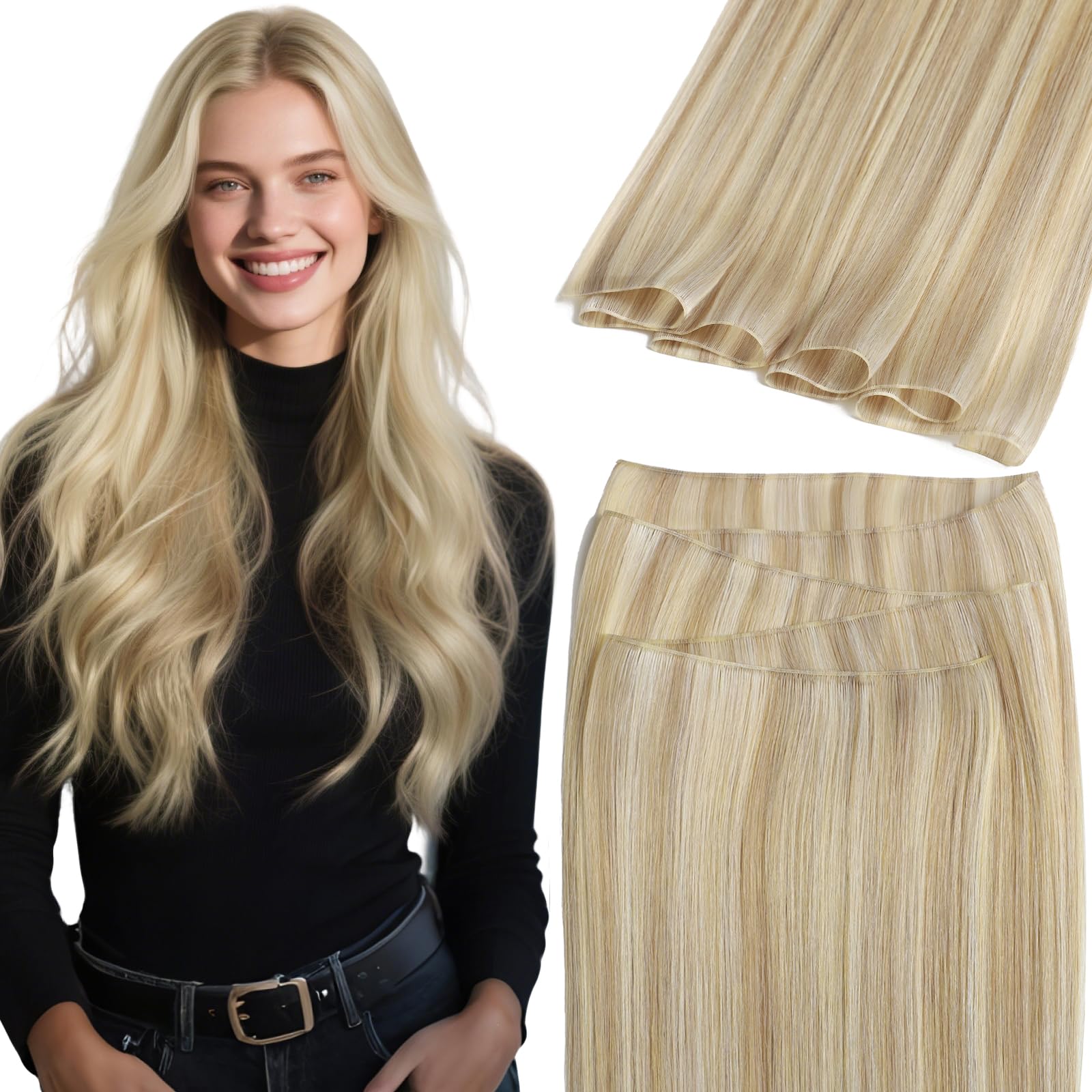 Lacer Genius Weft Hair Extensions Human Hair 22 inch One Piece Genius Weft Hair Extensions Light Brown with Platinum Blonde Invisible Sew in