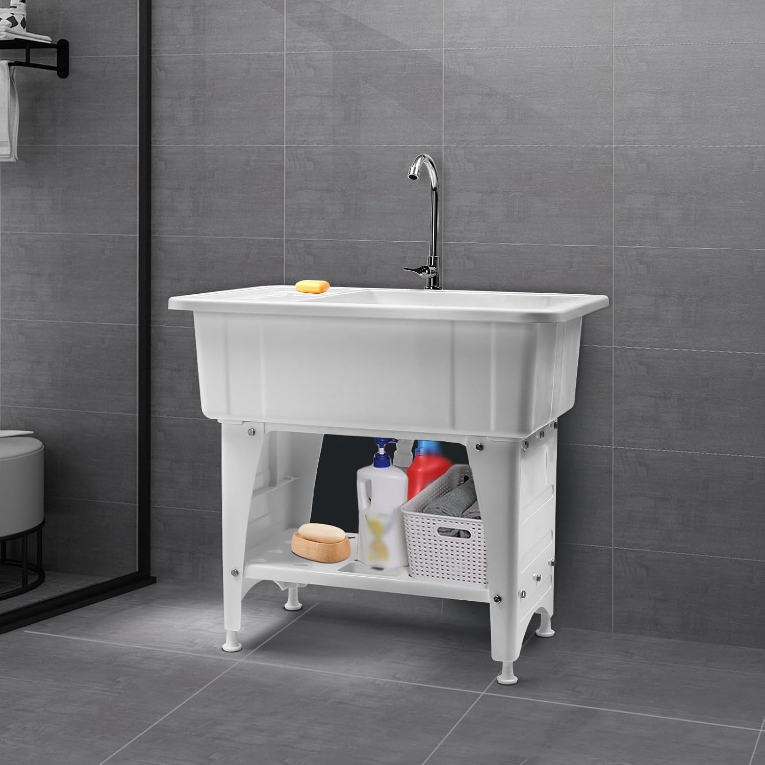 Freestanding Plastic Sink,Freestanding Wash Station,Utility Sink Laundry Tub,Space Saving Tub with Washboard for Washing Room,Laundry Room,White