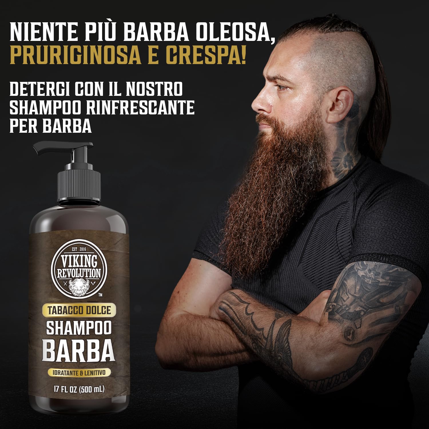 Viking Revolution - Shampoo Barba Uomo - Include Balsamo con Oli di Argan e Jojoba - Ammorbidisce, Lenisce e Rinforza la Barba - Tabacco Dolce - 2 x 500 ml