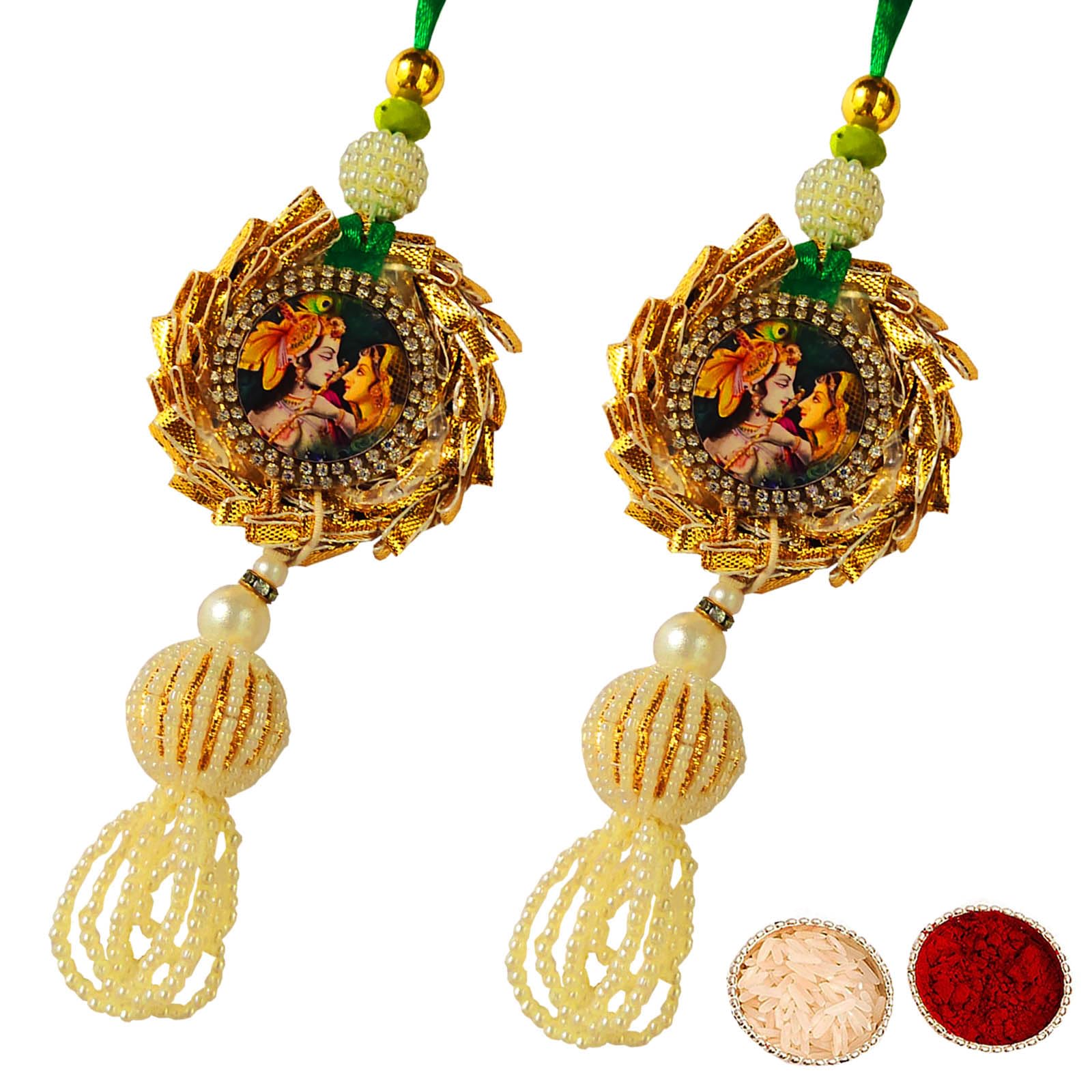 Buyent ® Elegant pearl lumba rakhi for bhabhi set of 2 radha krishna chuda rakhi latkan rakhi for bhabhi hanging rakhi for bhabhi sister in law with roli chawal pack-image-38