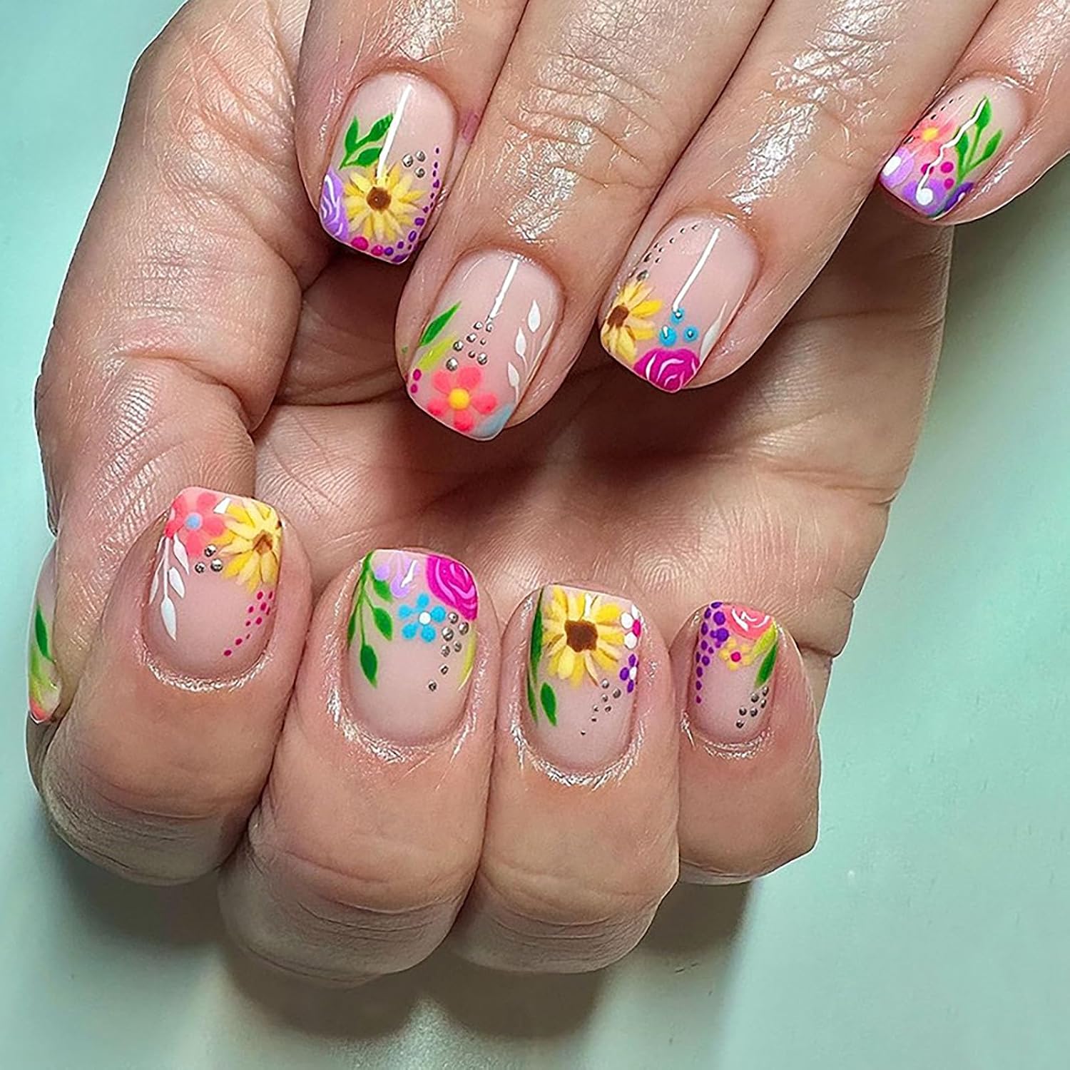 Spring Press on Nails Short Square Fake Nails with Flower Dots Designs French Tip Nails Press ons Glossy Glue on Nails Purple Yellow Nude Acrylic Nail Summer Stick on Nail for Women 24Pcs