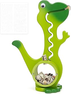 AORCMITN Wooden Dinosaur Piggy Bank for Boys Kids Girls Big Clear Animal Belly Coin Bank Toddler Real Money Toy(Dino-Green)