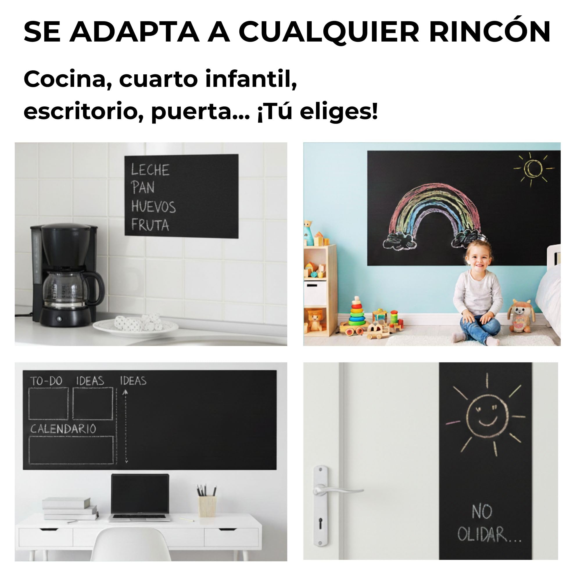 Pizarra pared, infantil - vinilo adhesivo negro, 200x45 cm con colores – Pizarra cocina - Quadro negro autocolante – Ideal creatividad niños sin ensuciar (1)