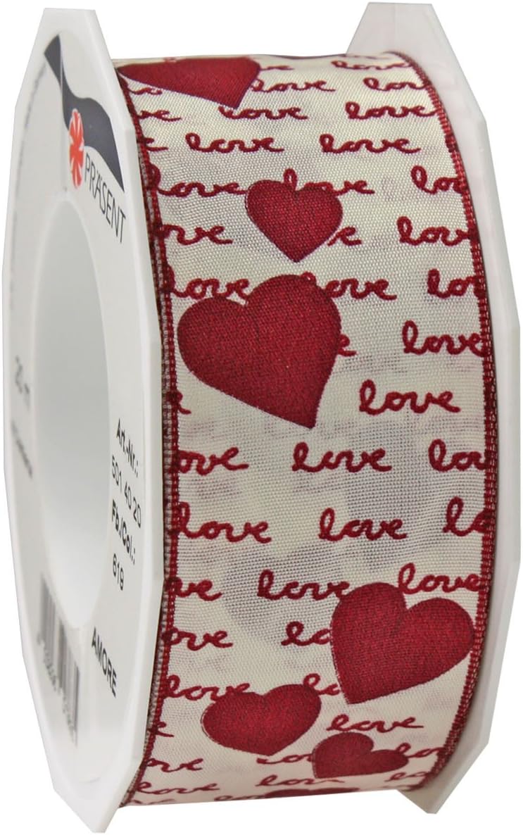 Präsent Amore Printed TAFT Ribbon, Wired Edge, 40 mm-20 m, Red